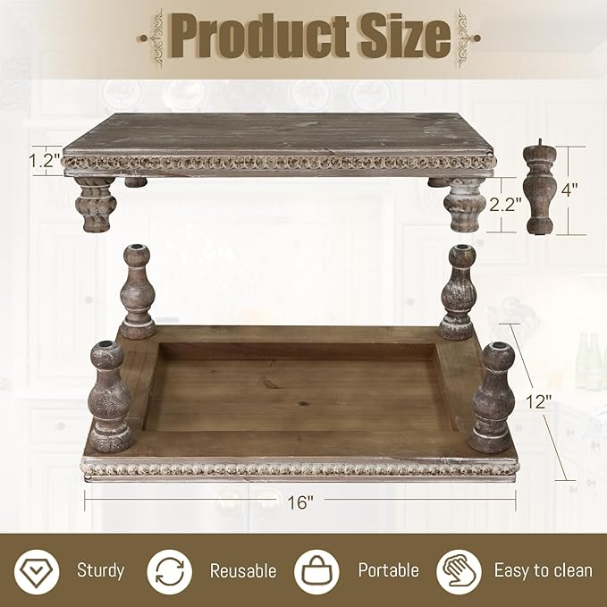 MAONAME Wood Display Risers Decorative Tray, Farmhouse Pedestal Stand for Display Home Decor, Vintage Brown Beaded Wooden Tray for Kitchen Counter, Short and Tall Footed