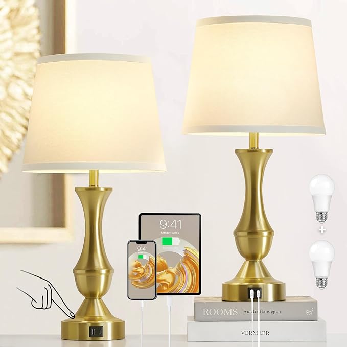 Luvkczc 22" Gold Table Lamps Set of 2 - Modern Luxury Bedside Lamps with White Fabric Shade, Dimmable & Dual USB C+A Ports, Nightstand Lamps for Bedroom/Living Room (Bulb Included)