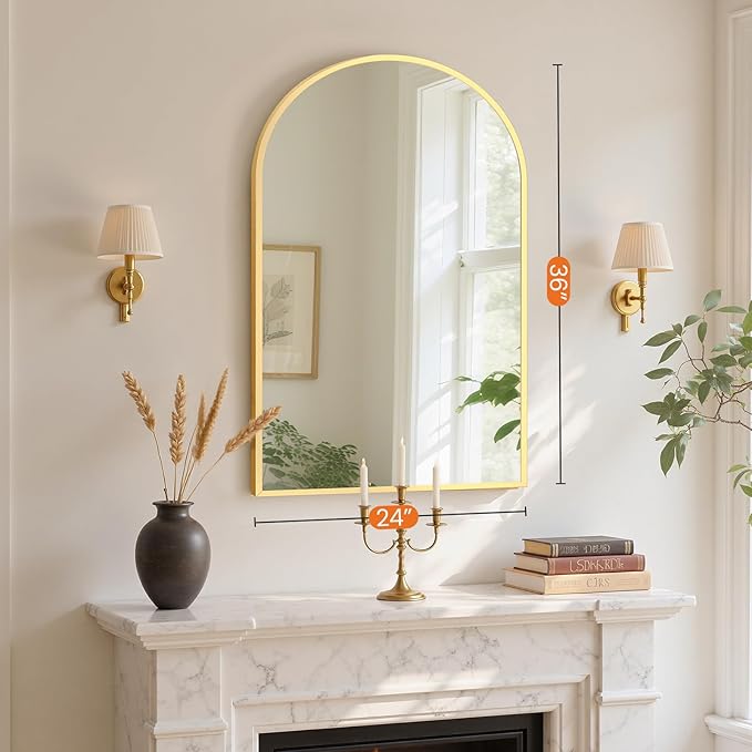 Sweetcrispy 24"x 36" Arched Gold Bathroom Mirrors for Wall, Bathroom Mirrors for Over Sink, Metal Framed with HD Shatter-Proof Glass for Entryway, Living Room, Bedroom, Home Decor