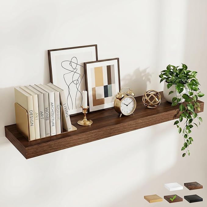 FLYJOE 55 Inch Long Floating Shelves for Wall Set of 1, 12" D Wood Grain Bathroom Shelves with Invisible Brackets, Easy Install Engineered Wood Storage Shelves for Kitchen, Living Room, Bedroom