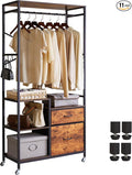 Clothes Rack, Heavy Duty Garment Rack for Hanging Clothes, Industrial Clothing Racks with Shelves, 2 Fabric Drawers, 4 Hooks, 1 Hanging Rods Rustic Brown YD-TM080H