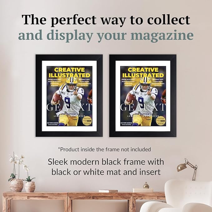 Creative Picture Frames 8 x 10.5 Magazine Frame with Full-Strength Glass, Holds Up To A 1/4" Thick Media with Installed Hangers for Easy Mounting, 10x12 Manhattan Black Frame with White Mat
