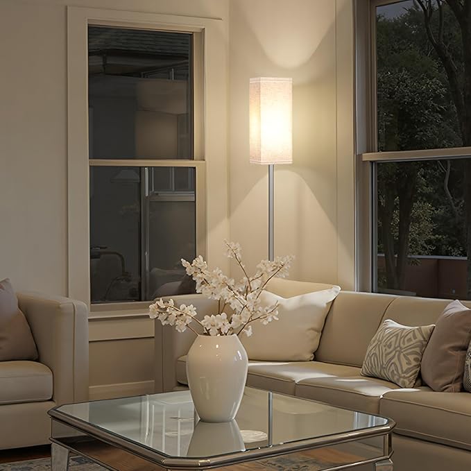 64.6'' Floor Lamp, Pole with Foot Switch, Modern Standing Lamp Lamp, Minimalist Freestanding Lamp (Bulb Not Included), for Living Room, Bedroom Office ETL Listed, Silver and Beige, SE07LD05