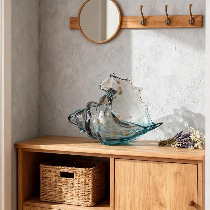 DOVDOV Hand Blown Glass Conch Statue, Gray Glass Art Figurine, Conch Shell Coastal Home Decor, Living Room TV Stand and Bookcase Decor, Bathroom Shelf top and Cabinet Decor.