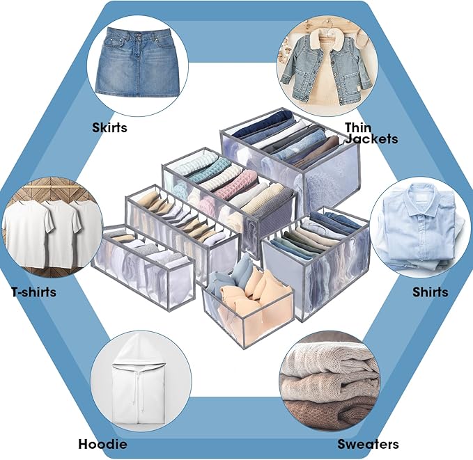 14 Pcs 6 Different Sizes Upgraded Wardrobe Clothes Organizer Jeans Organizer for Closet Foldable Pants Storage with Compartments Divided Sweater Boxes for Closet Shirts Underwear Socks Bra Bins, Gray
