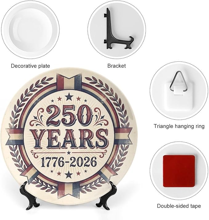 250th Anniversary Decorative Plates 10 Inch Vintage Patriotic Decorations Commemorative Plates with Stand Independence Day 4th of July Semiquincentennial Home & Office Decor