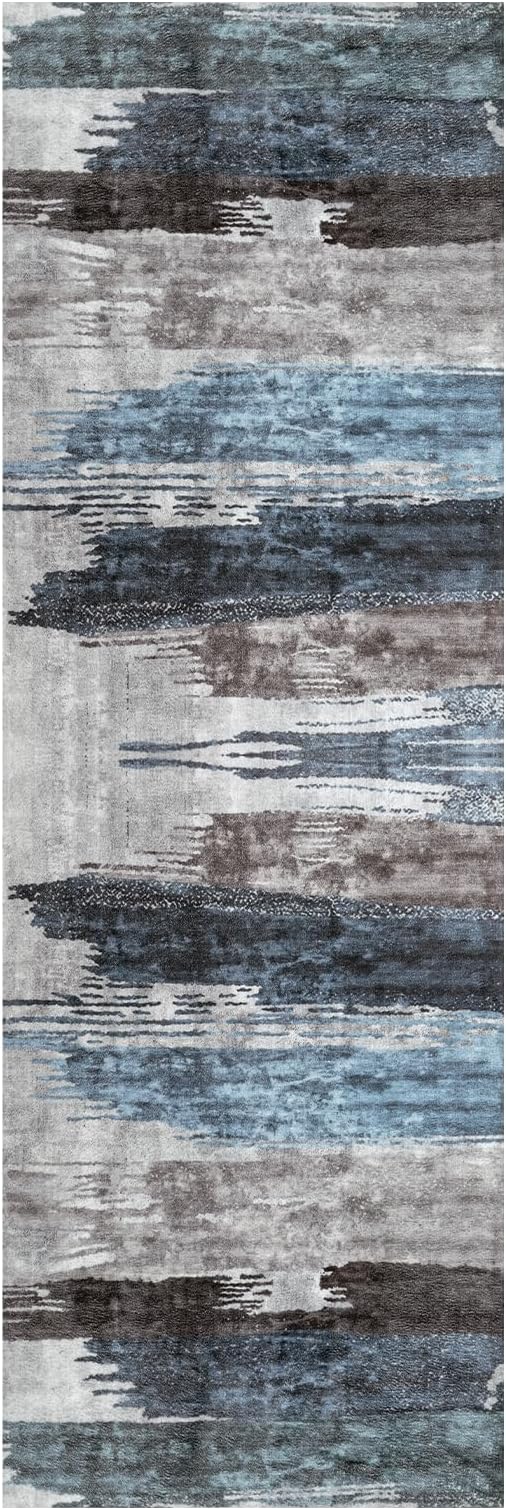 Ciicool 2'6"x10' Washable Runner Rug, Modern Abstract Hallway Rugs Runner, Non-Slip Thin Accent Rug Lightweight Navy Grey Print Distressed Carpet for Laundry Entryway Bedroom Kitchen Indoor