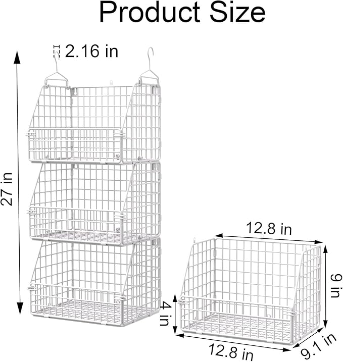 Hanging Closet Organizer and Storage, Clothes Hanging Shelves Wire Baskets for Clothing Sweaters Purse Handbags Shoes White 3 Tier