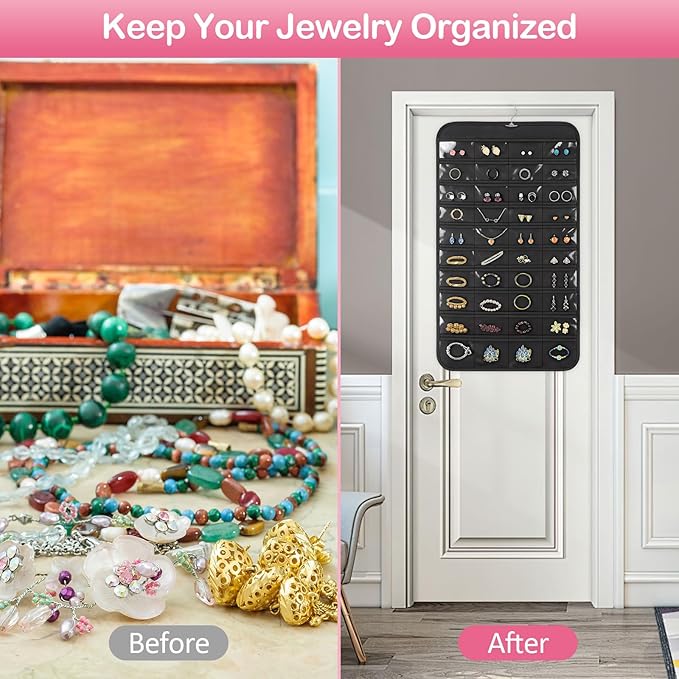 3 Pack Hanging Jewelry Organizer, 80 Clear Pockets earring organizer and storage, Accessories holder organizer for Closet, Jewelries, Necklace, Travel
