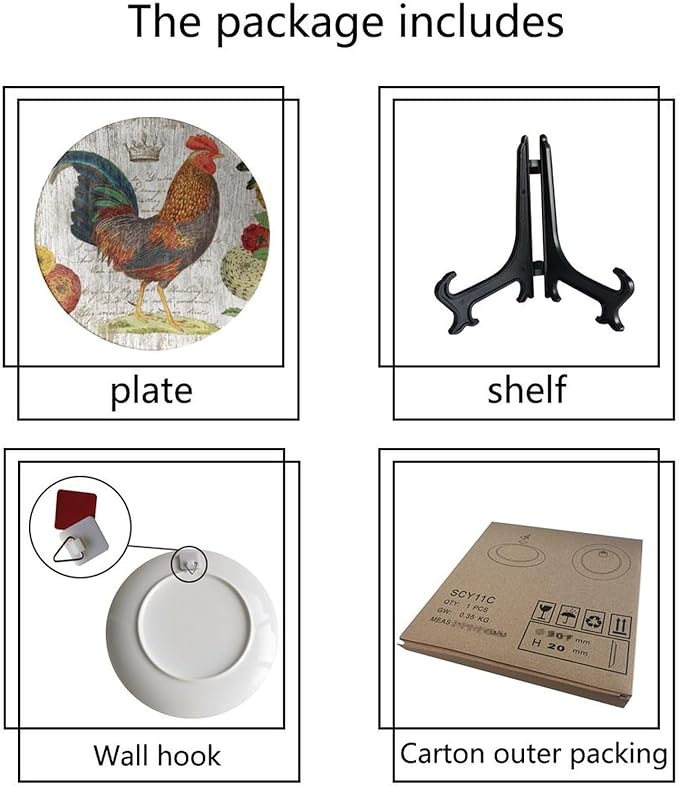 Rooster Decorative Plate Holder, 6 Inch, Crown Chicken In Flowers Round Display Plate, Home Wobble-Plate with Display Stand, for Kitchen Living Room Office Countertop Decor