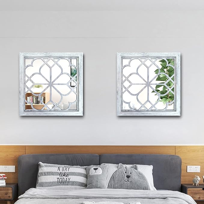 Wocred 2 PCS Square Wall Mirror,Gorgeous Rustic Farmhouse Accent,Rustic White Color Entry for Bathroom Renovation,Bedrooms,Living Rooms and More(12”x12”)