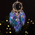 KHOYIME LED Light Up Dream Catcher Half Circle Moon Decor with Lights Handmade Feather Dreamcatchers for Bedroom Bohemian Home Decor Wedding Ornament Craft Gift (Purple&Blue)