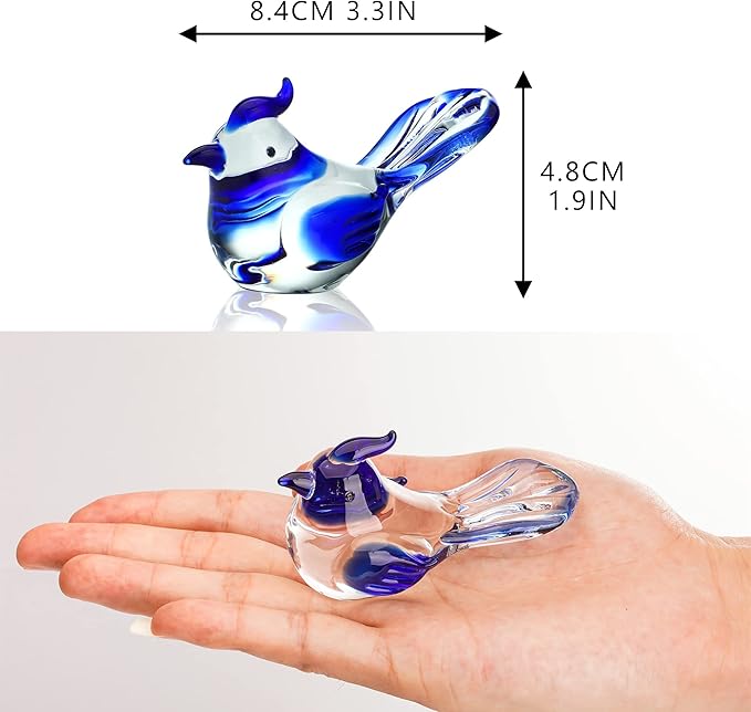HDCRYSTALGIFTS 3.5inch Mini Blown Glass Bird Figurines Collectibles Handmade Glass Miniature Blue Jay Statue Ornament Home Table Decor Crystal Animal Paperweight Gift for Mom Women