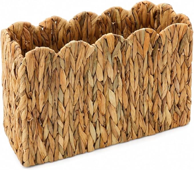 Water Hyacinth Magazine Holder for Floor, Tall Narrow Wicker Magazine Basket with Scalloped Edge – Handwoven Magazine Rack, Book Basket & File Holder for Living Room, Office & Bedroom