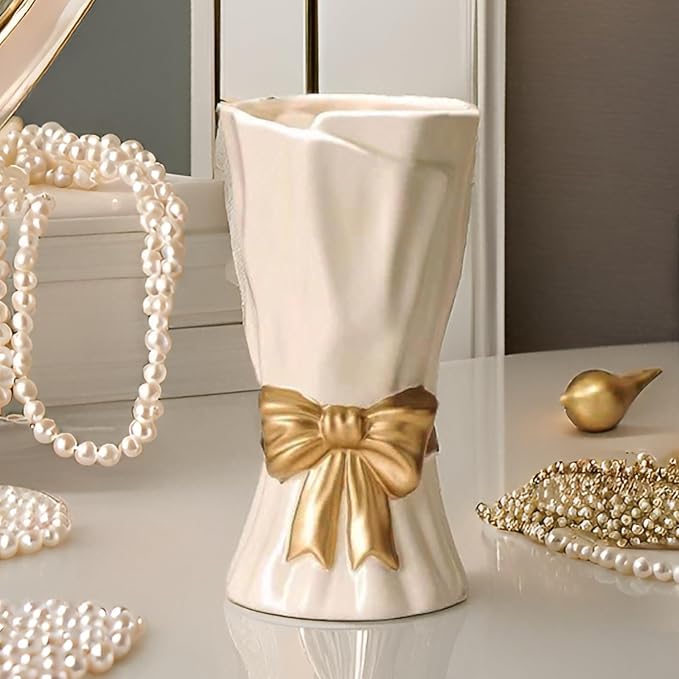 Bow Vase, White Flower Vase for Home Decor, White Ceramic Vases for Boho Style, 9.3 Inch Large Vases for Ideal Shelf Decor/Table/Living Room. (Glazed Exterior and Interior)