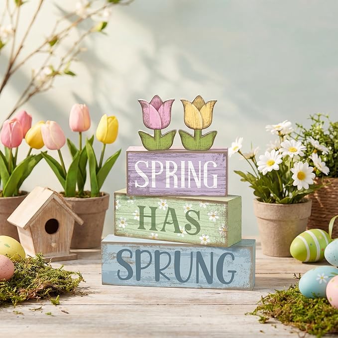 Moucuny 4 Pcs Spring Table Decorations Wooden Stacked Block Sign with Tulip Decor - "spring Has Sprung" Centerpiece Rustic Easter Tiered Tray Decorations Flower Signs for Home Kitchen Tabletop Mantel