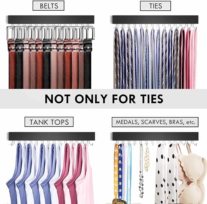 2Pack Tie Rack Wall Mounted, Wooden Belt Hanger Tie Organizer for Closet with 28 Folding Hooks, Space Saving Tie Holder and Belt Rack for Closet Wall Mount, Black