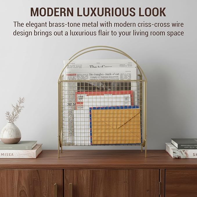 MyGift Magazine Rack, Floor Freestanding Magazine Holder for Bathroom Bedroom Office, Books Newspapers File Mail Organizer, Mid Century Modern Decor Wire Storage for Tablets and Documents
