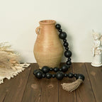 2" Extra Large Wood Bead Garland with Tassels, 50" Long Rustic Farmhouse Wooden Beads Garland, Decorative Beads Boho Decorations for Home Table Mantle Black