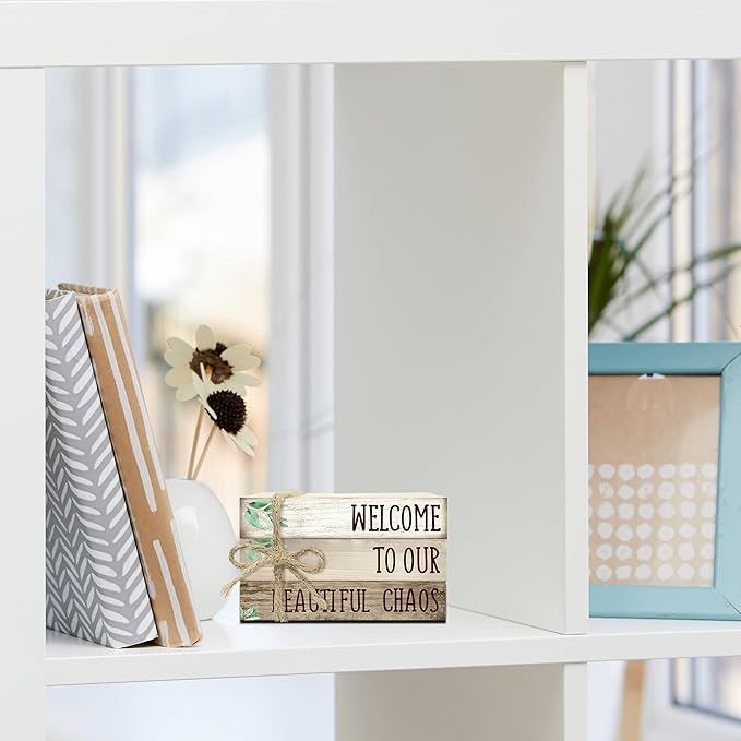 Ycyfckdr Decorative Wood Book Stack for Home, Welcome to Our Beautiful Chaos, Rustic Table and Living Room Bookshelf Farmhouse Decor (L68)