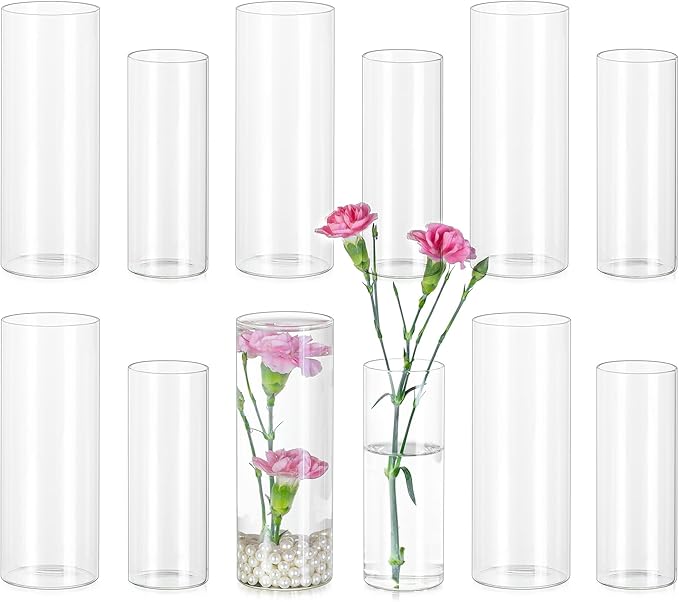 Glasseam Glass Cylinder Vase in Bulk: 12pcs Clear Small Bud Flower Vases for Centerpieces - Modern Hurricane Pillar or Floating Candle Holder for Wedding Party Table Living Room Home Decor, Tall 6"+7"