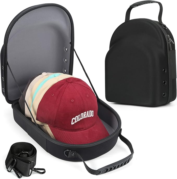 Hard baseball hat case, Hat Carrier Travel Case with Adjustable Shoulder Strap, Hat cap case for 6 Baseball Caps - Perfect for Traveling & At-Home Storage (Black with Grey)
