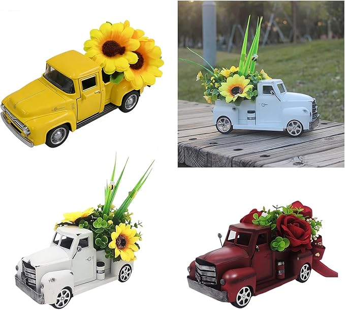 Vintage Truck with Artificial Flowers Farmhouses Tiered Tray Decors Table Centerpieces Minis Diecast Trucks Decorations Farm Pickup with Flower