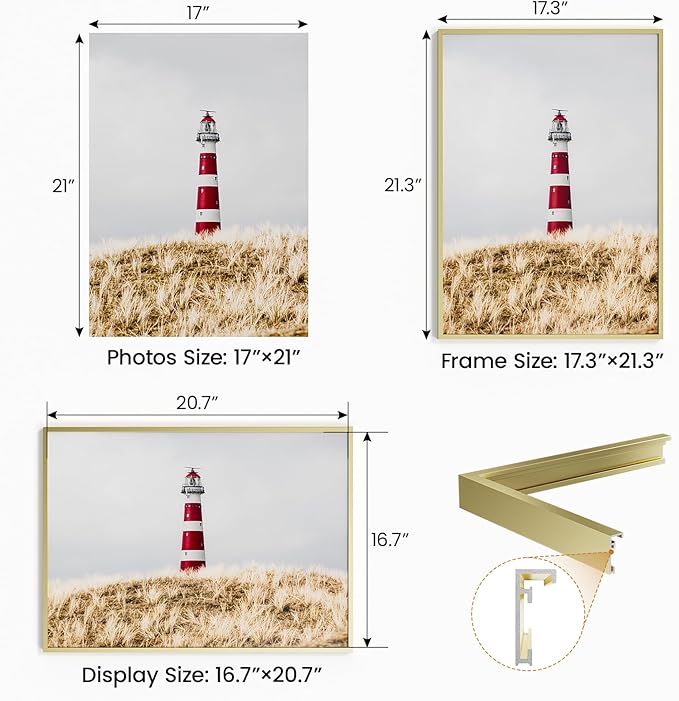 17x21 Aluminum Metal Picture Frame,Tempered Glass Gold Photo Frame 17x21 for Family Photo,Posters,Art,Document to Wall Mount Horizontally or Vertically