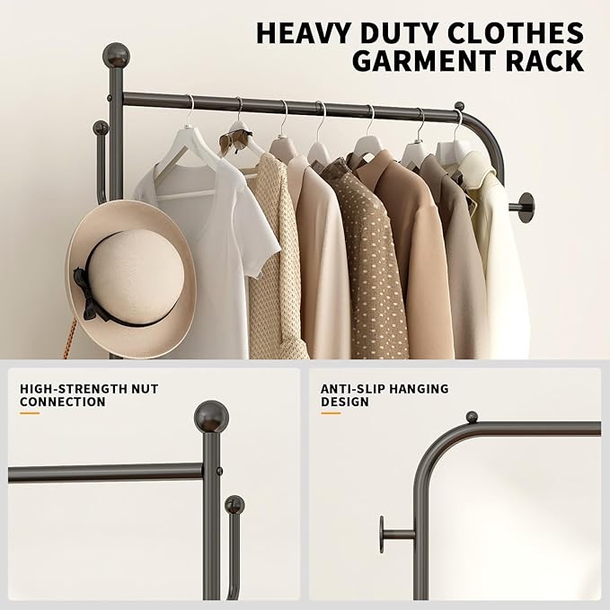 Heavy Duty Double-Layer Garment Rack with Lockable Casters, 200LBS Capacity Carbon Steel Free-Standing Clothes Rack for Bedroom, Entryway, Living Room, Laundry Room