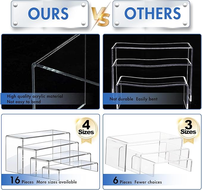Aheroi Display Risers, 16 Pcs 4 Set(7”L~8”L~9”L) Acrylic Riser Display Shelf, Clear Risers Display Stands, Rectangular Acrylic Risers for Decor Display, Cupcake Candy Shoe Showcase Stands