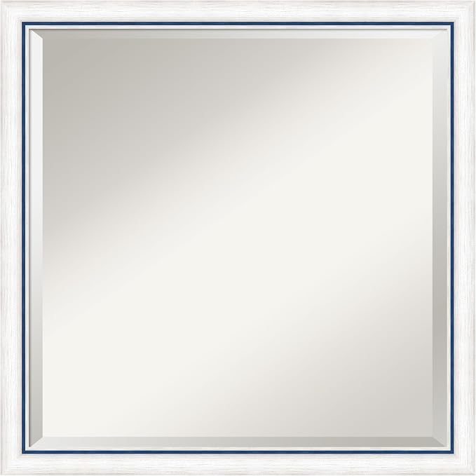 Amanti Art White Wall Mirror 22x22 Morgan White Blue Square Bathroom Mirror for Wall Decor Living Room, Medium Modern Wood Frame, Hangs Horizonally and Vertically, Bathroom Decor, Beveled Edge
