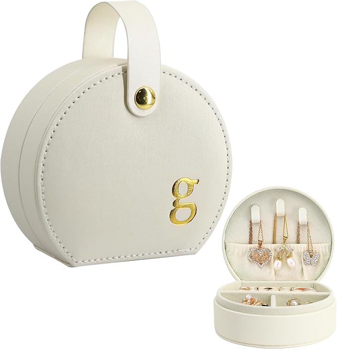 COLLECTIVE HOME - Travel Jewelry Case, Elegant Half-Moon Design with Gold Monogram, Detachable Handle, Personalized Accessory Organizer, Gift for Fashion-Forward Women and Teens (g)