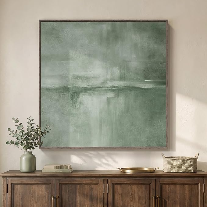 Large Framed Green Abstract Wall Art, Modern Minimalist Sage Green Canvas Prints Artwork for Walls, Contemporary Square Pictures for Living Room Bedroom Dining Room Hallway Office Wall Decor, 36x36 In