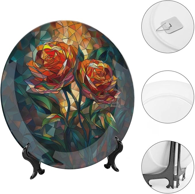 Stained Glass Theme Decorative Ceramic Plate Round Porcelain Plate,8 inch,Roses Pattern,for Decorative Ornaments Giving Plates, 1 Plate with 1 Display Stand,Green Red Orange