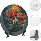 Stained Glass Theme Decorative Ceramic Plate Round Porcelain Plate,7 inch,Roses Pattern,for Decorative Ornaments Giving Plates, 1 Plate with 1 Display Stand,Green Red Orange