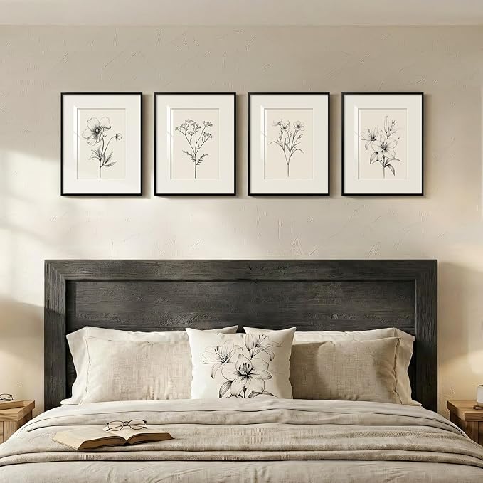 Framed Black and White Botanical Wall Art, Set of 4 Piece Vintage Minimalist Neutral Floral Prints Painting, Farmhouse Rustic Flower Artwork for Bedroom Living Room Fireplace Kitchen Walls, 11x14 Inch