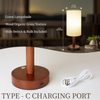LALISU Small Table Lamp Nightstand Lamp Linen Lampshade Bedroom Wood Base Small Bedside Lamp for Night Stands, Desk Lamps for Reading Living Room, Office (LED Bulb Included) (Walnut Wood Cordless(2))