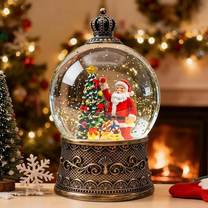 Christmas Snow Globes Lantern, Santa Claus and Gifts Christmas Decorations Indoor, 6H Timer Battery & USB Powered Light Up Musical Snow Globes for Kids Women Adults Gift Thanksgiving Home Decor