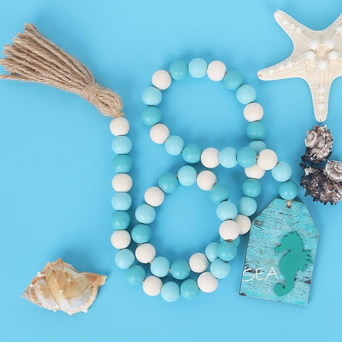 Meplait Wood Bead Garland, Coastal Tassel Garland with Seahorse Tag Beach Farmhouse Decor for Tiered Tray Table Centerpiece Wall Home Decoration