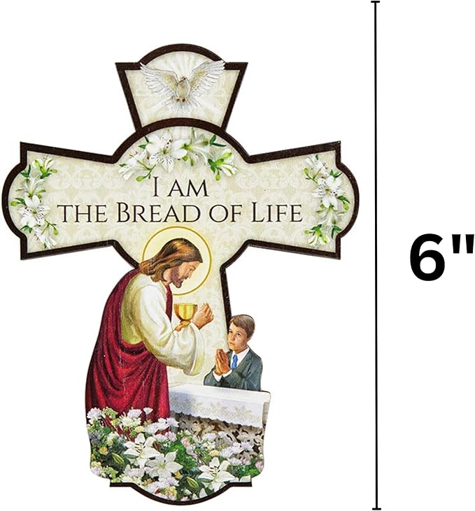 Needzo First Communion Wall Cross, I am the Bread of Life Hanging Decoration for Bedroom, Eucharist Keepsake and Catholic Gifts for Boys, 6 Inches