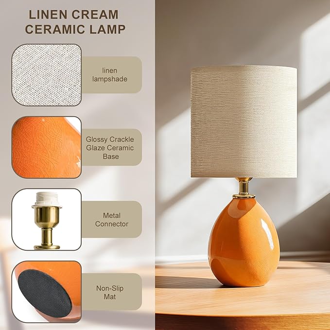 Dawnwake 18.5" Table Lamp Set of 2 for Living Room Bedroom, Bedside Lamps for Night Stands, Desk Nightstand Lamp Dimmable, Modern Linen Cream Ceramic Lamps (Orange)