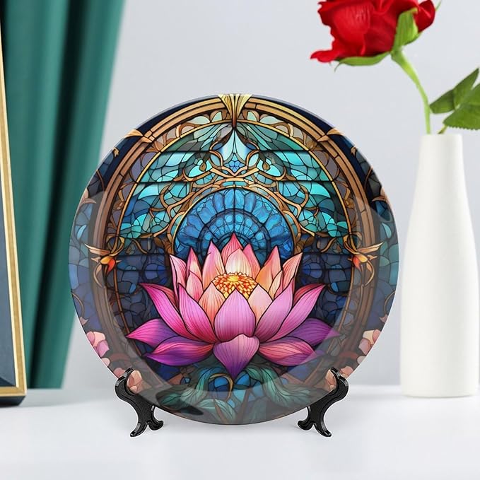 Decorative Plates, Moroccan Water Lily Stained Glass Print Display Plate for Home Office Kitchen Table Decor Porcelain Plates 10 Inch, Gifts for Lotus Lover