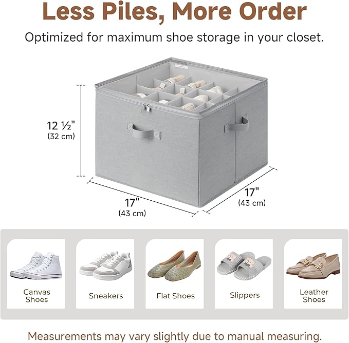 StorageWorks Shoe Organizer for Closet, Fits up to 16 Pairs, Shoe Cubby Storage Containers with Adjustable Dividers and Clear Cover, Grey