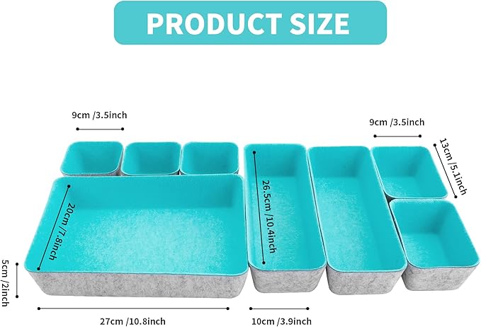 8pcs Drawer Organizers, Separators, Storage Box,Felt Storage Bins Inserts Tool Containers Toy Basket Shelf Cubes Foldable Drawer Dividers Desk Organisers- Blue&Grey