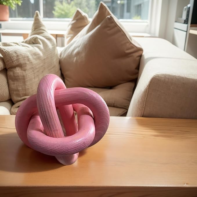Wood Knot Chain Link Decor - 3 Link Boho Wooden Hand Carved Decorative Wooden Links Knots for Coffee Table Entryway Modern Farmhouse Shelf Decoration (Pink)