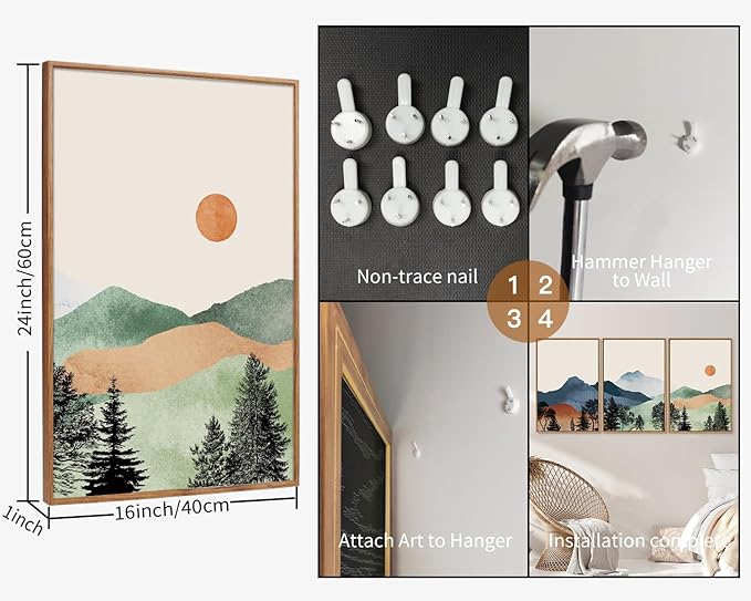 SIGNINART Boho Mountain Framed Canvas Wall Art Set of 3, Watercolor Nature Landscape Art Prints, Modern Sunrise Art Paintings, Green Forest Wall Decor for Living Room, Bedroom, Office 24"x36"x3