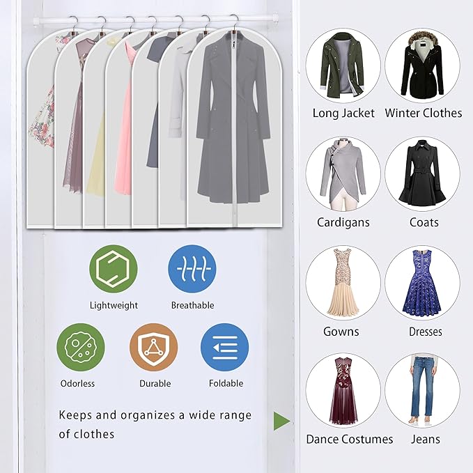Hanging Garment Bags 7 Piece Set - 60 Inch Translucent Dust Proof Clothes Bag White Breathable Full Zipper Dust Cover for Suit Dance Costumes Gown Dress | 4 Portable Travel Shoe Bags