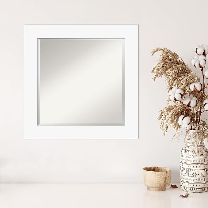 Amanti Art White Wall Mirror 25x25 Basic White Square Bathroom Mirror for Wall Decor Living Room, Medium Casual Wood Frame, Hangs Horizonally and Vertically, Bathroom Decor, Beveled Edge