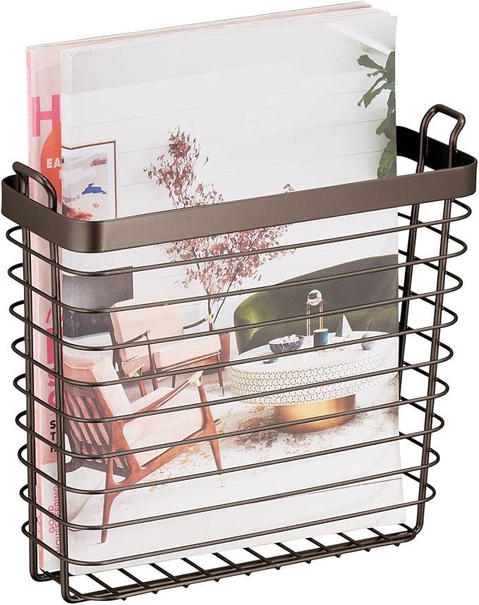 mDesign Metal Wire Farmhouse Wall Mount Magazine Holder, Home Storage Organizer - Space Saving Rack for Magazines, Books, Newspapers, Tablets in Mudroom, Bathroom, Office - Bronze