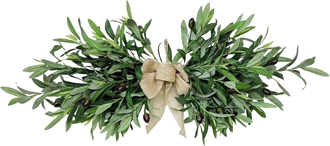 24" Floral Swag, Greenery Swag, Artificial Olive Flower Swag, Spring Floral Swag with Green Leaves Olive Fruit, for Wedding Arch Party Wall Home Garden Decor(1PCS)